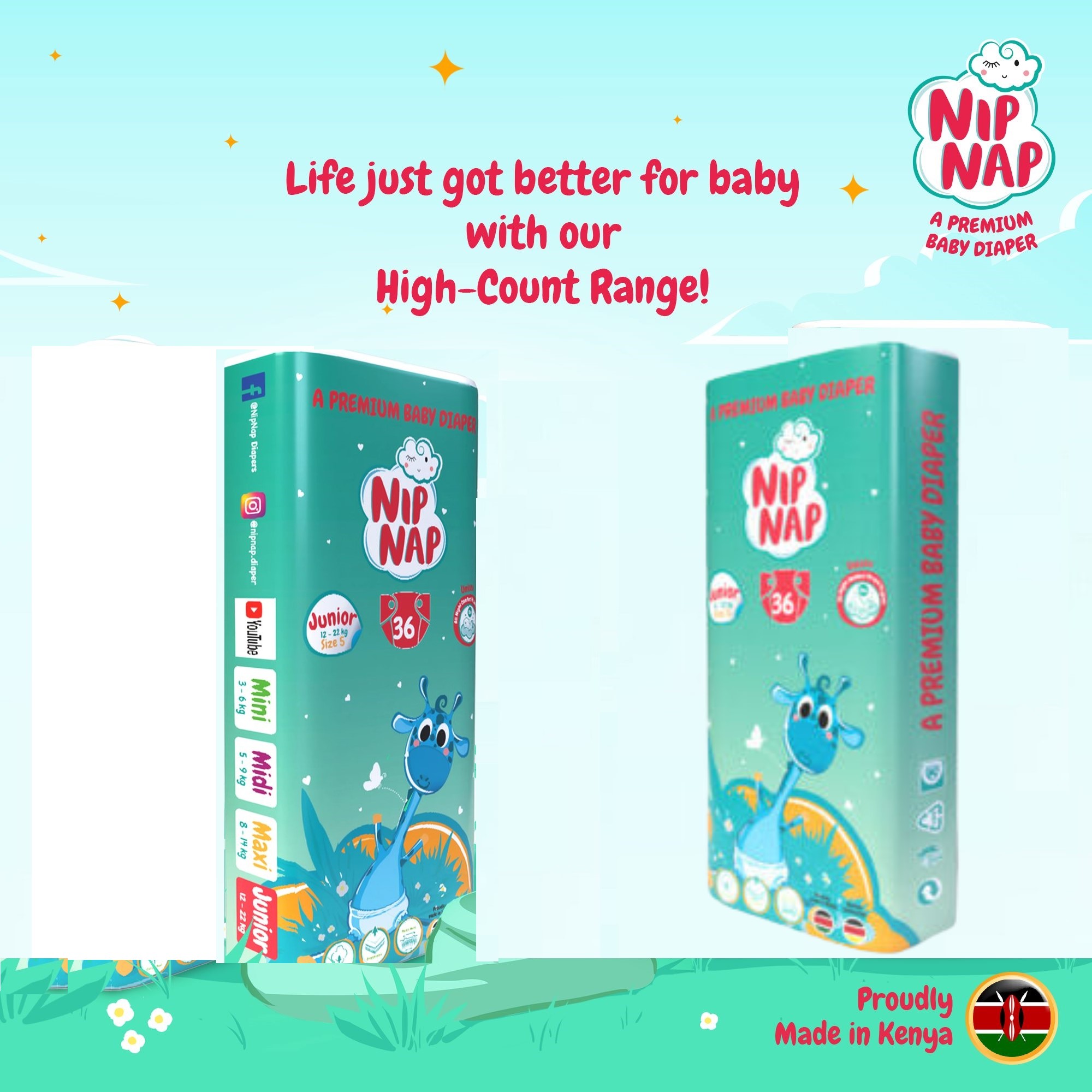 NIPNAP High Count Premium Baby Diapers Junior 12 - 22 Kgs (Count 36)